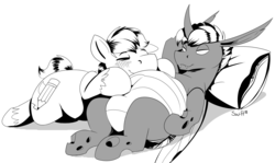 Size: 2094x1246 | Tagged: safe, artist:swiftsketchpone, oc, oc:eco stigma, oc:swift sketch, changeling, earth pony, pony, belly, black and white, changeling oc, chubby, chunkling, duo, duo male, fat, gay, grayscale, male, monochrome, oc x oc, plump, shipping