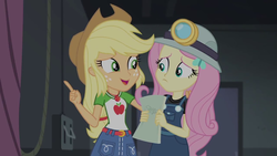 Size: 1280x720 | Tagged: safe, screencap, applejack, fluttershy, equestria girls, g4, my little pony equestria girls: better together, opening night, female, geode of super strength, script