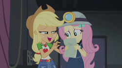 Size: 1280x720 | Tagged: safe, screencap, applejack, fluttershy, equestria girls, g4, my little pony equestria girls: better together, opening night, female, geode of super strength, script