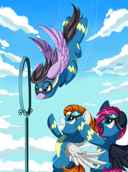 Size: 2595x3472 | Tagged: safe, artist:pridark, oc, oc only, oc:chloe jones, oc:neon flare, oc:sky chase, pegasus, pony, cheering, clothes, commission, flying, goggles, high res, open mouth, practicing, uniform, wonderbolt trainee uniform, wonderbolts, wonderbolts uniform