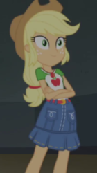 Size: 401x718 | Tagged: safe, screencap, applejack, equestria girls, equestria girls series, g4, opening night, belt, clothes, cowboy hat, cropped, crossed arms, denim skirt, female, freckles, geode of super strength, hat, skirt, solo, stetson