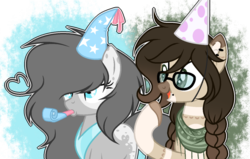 Size: 1024x653 | Tagged: safe, artist:mintoria, artist:roseloverofpastels, oc, oc only, oc:rosy, pony, female, glasses, hat, mare, party hat, party horn