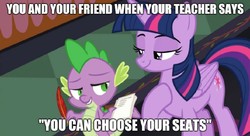 Size: 888x483 | Tagged: safe, edit, edited screencap, editor:apex soundwave, screencap, spike, twilight sparkle, alicorn, dragon, pony, g4, season 8, duo, female, funny, image macro, male, mare, school of friendship, smug, twilight sparkle (alicorn)