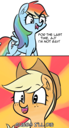 Size: 1314x2434 | Tagged: safe, artist:artiks, applejack, rainbow dash, earth pony, pegasus, pony, g4, atg 2018, denial, dialogue, duo, duo female, female, guess i'll die, hat, newbie artist training grounds, not gay, rainbow dash is not amused, shipping denied, sunburst background, unamused