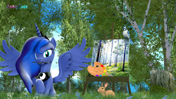 Size: 2981x1677 | Tagged: safe, artist:loveslove, princess luna, alicorn, pony, rabbit, g4, 3d, cute, female, forest, mouth hold, paintbrush, painting, plein air, solo, source filmmaker, spread wings, wings