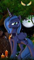 Size: 1677x2981 | Tagged: safe, artist:loveslove, princess luna, alicorn, pony, g4, 3d, candle, cute, forest, full moon, moon, night, s1 luna, solo, source filmmaker, statue, tree, tree branch