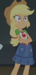 Size: 346x718 | Tagged: safe, screencap, applejack, equestria girls, equestria girls series, g4, opening night, belt, clothes, cowboy hat, cropped, crossed arms, denim skirt, female, freckles, geode of super strength, hat, skirt, solo, stetson