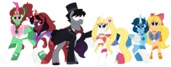 Size: 2276x896 | Tagged: safe, artist:faith-wolff, earth pony, kirin, merpony, pony, sea pony, unicorn, fanfic:the bridge, crossover, doe, fanfic art, female, kirin-ified, male, mare, ponified, sailor jupiter, sailor mars, sailor mercury, sailor moon (series), sailor venus, simple background, species swap, stallion, transparent background, tuxedo mask, vector
