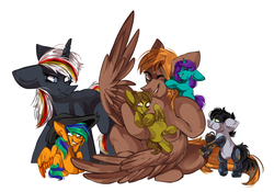 Size: 2600x1821 | Tagged: safe, artist:thenokrats, oc, oc:calamity, oc:naarkerotics, oc:velvet remedy, oc:wolfkrone, cyborg, pegasus, pony, unicorn, fallout equestria, dashite, eyes closed, fanfic, fanfic art, female, filly, floppy ears, foal, hooves, horn, male, mare, one eye closed, open mouth, simple background, sitting, smiling, stallion, standing, teeth, white background, wings, ych result