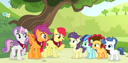 Size: 3149x1565 | Tagged: safe, artist:velveagicsentryyt, apple bloom, scootaloo, sweetie belle, oc, oc:party pie, oc:rainbow blitzes, oc:spectrum night, oc:starling, earth pony, pegasus, pony, unicorn, g4, colt, cutie mark crusaders, female, filly, male, offspring, older, parent:cheese sandwich, parent:fancypants, parent:pinkie pie, parent:rainbow dash, parent:rarity, parent:soarin', parents:cheesepie, parents:cometdancer, parents:raripants, parents:soarindash