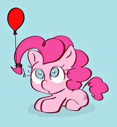 Size: 946x1024 | Tagged: safe, artist:noupu, pinkie pie, pony, g4, balloon, blue background, cute, diapinkes, female, looking at something, mare, prone, simple background, solo
