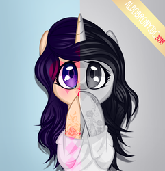 Size: 2700x2800 | Tagged: safe, artist:aldobronyjdc, oc, oc only, oc:melody verve, pony, unicorn, clothes, covering mouth, female, high res, hooves on mouth, looking at you, mare, simple background, solo, sweater, tattoo, worried
