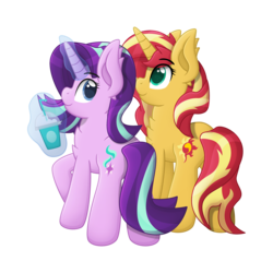 Size: 3500x3500 | Tagged: safe, artist:sol-r, starlight glimmer, sunset shimmer, pony, unicorn, g4, duo, female, high res, magic, mare, milkshake, simple background, telekinesis, transparent background, vector