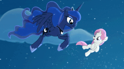 Size: 1100x618 | Tagged: dead source, safe, artist:anima-dos, artist:duo cartoonist, artist:lionheartcartoon, princess luna, oc, oc:moondancer, alicorn, pony, unicorn, children of the night, g4, animated, beautiful, cute, female, filly, flying, gif, lunabetes, mare, maternaluna, motherly, night, nuzzling, show accurate, singing, weapons-grade cute, wings, youtube link