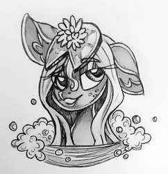 Size: 1022x1056 | Tagged: safe, artist:smirk, oc, oc only, oc:lily suds, bubble, bust, freckles, grayscale, lilypad, monochrome, suds, traditional art, wet mane