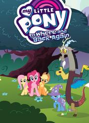 Size: 1400x1933 | Tagged: safe, artist:turkleson, idw, applejack, discord, fluttershy, pinkie pie, trixie, g4, official, to where and back again, comic, my little pony logo, stock vector