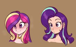 Size: 2056x1280 | Tagged: safe, artist:scorpdk, princess cadance, starlight glimmer, human, g4, :o, blushing, brown background, bust, choker, eye clipping through hair, eyebrows, eyebrows visible through hair, eyes on the prize, female, humanized, lip bite, looking at something, open mouth, puffy cheeks, simple background, smiling, sweat, wide eyes