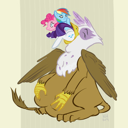 Size: 1024x1024 | Tagged: safe, artist:novaray, gilda, pinkie pie, rainbow dash, rarity, griffon, pony, g4, butt, carnivore, eyes closed, female, fetish, food chain, gildapred, griffons doing griffon things, mare, oral vore, pinkie prey, plot, predator, prey, preydash, rariprey, size difference, swallowing, throat bulge, vore, wat