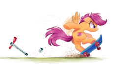 Size: 2000x1059 | Tagged: safe, artist:ncmares, scootaloo, pegasus, pony, g4, awesome, broken, butt, commission, cute, cutealoo, cutie mark, dangerous, female, filly, motion blur, motion lines, plot, scootabutt, scootawesome, scooter, simple background, skateboard, skaterloo, solo, the cmc's cutie marks, white background
