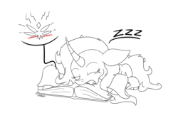 Size: 1450x925 | Tagged: safe, artist:azimuth, fhtng th§ ¿nsp§kbl, oleander (tfh), them's fightin' herds, blush sticker, blushing, book, community related, female, fred, lineart, sleeping, solo, zzz