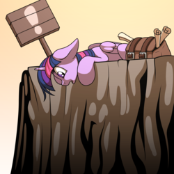 Size: 2000x2000 | Tagged: safe, artist:ohemo, twilight sparkle, alicorn, pony, g4, atg 2018, cliff, female, high res, looking down, mare, newbie artist training grounds, satchel, scroll, solo, twilight sparkle (alicorn), warning sign