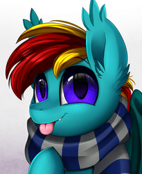 Size: 1446x1764 | Tagged: safe, artist:pridark, oc, oc only, oc:pool shade, bat pony, pony, bat pony oc, bust, clothes, commission, cute, ear fluff, fangs, male, portrait, scarf, solo, stallion, tongue out