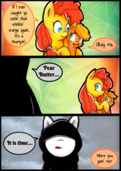 Size: 2315x3267 | Tagged: safe, artist:mustachedbain, applejack, pear butter, earth pony, pony, g4, cloak, clothes, comic, dialogue, female, filly, grim reaper, high res, mother and daughter, this will end in death