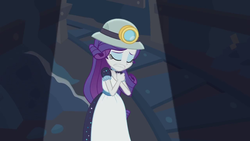 Size: 1280x720 | Tagged: safe, screencap, rarity, equestria girls, g4, my little pony equestria girls: better together, opening night, apron, clothes, eyes closed, female, headlamp, helmet, marshmelodrama, miner, mining helmet, rarity being rarity, sad, school play, selfie soot, solo