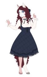 Size: 1893x3089 | Tagged: safe, artist:askbubblelee, oc, oc only, oc:marionette, earth pony, anthro, unguligrade anthro, anthro oc, bow, clothes, dress, eyeshadow, female, hair bow, lipstick, makeup, simple background, smiling, solo, transparent background