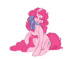 Size: 740x614 | Tagged: safe, artist:noel, pinkie pie, earth pony, pony, g4, cute, eyes closed, female, mare, neck bow, raised hoof, simple background, smiling, solo