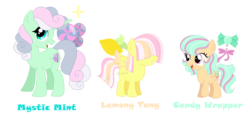 Size: 1060x497 | Tagged: safe, artist:hazardous-andy, oc, oc only, oc:candy wrapper, oc:lemony tang, oc:mystic mint, earth pony, pegasus, pony, unicorn, adopted offspring, base used, female, filly, hair over eyes, magical lesbian spawn, mare, offspring, parent:bon bon, parent:lyra heartstrings, parents:lyrabon, simple background, transparent background