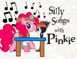 Size: 1006x768 | Tagged: artist needed, safe, edit, pinkie pie, bird, earth pony, penguin, pony, g4, doctor, littlest pet shop, parker waddleton, silly songs, silly songs with pinkie, title card, veggietales