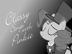 Size: 800x600 | Tagged: safe, artist:ianandart-back-up, edit, pinkie pie, earth pony, pony, g4, black and white, bowtie, clothes, fancy text, female, grayscale, happy, hat, larry's high silk hat, mare, monochrome, silly songs, silly songs with pinkie, solo, top hat, tuxedo, veggietales