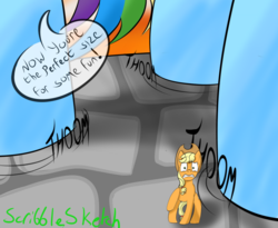 Size: 900x739 | Tagged: safe, artist:scribblessketch, applejack, rainbow dash, pony, g4, appletini, female, giant pony, giantess, hooves, macro, micro, prank, prank gone wrong, running, running away, scared, shrunk, stomp, stomping, story in the source, story included, tail, tiny, tiny ponies