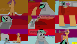 Size: 3648x2112 | Tagged: safe, artist:mellowbomb, scootaloo, oc, oc:closingrain, comic:calamity fateful, g4, 1000 hours in ms paint, dialogue, high res