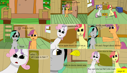 Size: 3648x2112 | Tagged: safe, artist:mellowbomb, apple bloom, scootaloo, sweetie belle, oc, oc:closingrain, oc:doctor dextor wise, comic:calamity fateful, g4, 1000 hours in ms paint, dialogue, high res