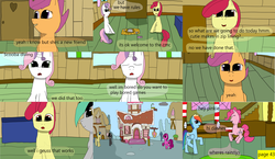 Size: 3648x2112 | Tagged: safe, artist:mellowbomb, apple bloom, pinkie pie, rainbow dash, scootaloo, sweetie belle, oc, oc:closingrain, comic:calamity fateful, g4, 1000 hours in ms paint, dialogue, high res