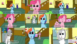 Size: 3648x2112 | Tagged: safe, artist:mellowbomb, pinkie pie, rainbow dash, oc, oc:snow bliss, comic:calamity fateful, g4, 1000 hours in ms paint, dialogue, grammar error, high res