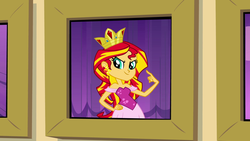 Size: 1920x1080 | Tagged: safe, screencap, sunset shimmer, equestria girls, g4, my little pony equestria girls, crown, female, jewelry, picture frame, princess, regalia, solo