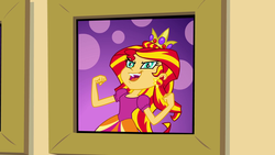 Size: 1920x1080 | Tagged: safe, screencap, sunset shimmer, equestria girls, g4, my little pony equestria girls, crown, evil laugh, female, jewelry, laughing, picture frame, princess, regalia, solo