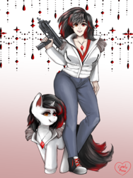 Size: 1500x2000 | Tagged: safe, artist:kitsunehino, oc, oc only, human, pony, unicorn, vampire, advertisement, auction, clothes, commission, digital art, duo, fangs, female, gun, jeans, jewelry, mare, necklace, pants, shoes, signature, sneakers, submachinegun, weapon, ych result