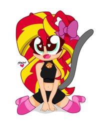 Size: 1609x2048 | Tagged: safe, artist:kittyrosie, sunset shimmer, equestria girls, g4, belly button, catgirl, clothes, collar, cute, female, heart eyes, midriff, pants, shimmerbetes, simple background, socks, solo, striped socks, thigh highs, thigh socks, white background, wingding eyes