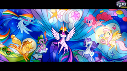 Size: 1920x1080 | Tagged: safe, artist:galaxydashartz, applejack, fluttershy, pinkie pie, rainbow dash, rarity, spike, twilight sparkle, alicorn, earth pony, pegasus, pony, unicorn, g4, my little pony: the movie, crown, deleted scene, digital art, female, jewelry, male, mane seven, mane six, mare, regalia, twilight sparkle (alicorn), wallpaper