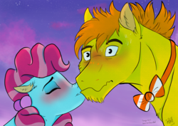 Size: 1024x724 | Tagged: safe, artist:avatar1778, carrot cake, cup cake, pony, g4, blushing, chiffon swirl, eyes closed, female, floppy ears, fluffy, kissing, male, mare, ship:carrot cup, shipping, stallion, stars, straight, younger