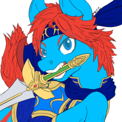 Size: 1024x1024 | Tagged: safe, artist:korencz11, pony, armor, atg 2018, cape, clothes, crossover, fire emblem, natg2018, newbie artist training grounds, ponified, roy, simple background, solo, sword, transparent background, weapon