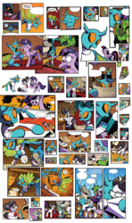 Size: 1134x1920 | Tagged: safe, artist:andy price, idw, blacktip, glenda, horwitz, raven, twilight sparkle, urtica, alicorn, changedling, changeling, dragon, pony, unicorn, yak, g4, spoiler:comic, spoiler:comic62, clothes, cuteling, flying, hoof hold, scroll, sweater, twilight sparkle (alicorn)
