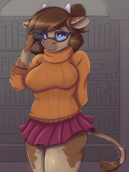 Size: 6096x8128 | Tagged: safe, artist:ardail, oc, oc only, oc:mocha latte, cow, anthro, absurd resolution, anthro oc, blushing, clothes, cosplay, costume, cowified, crossover, female, glasses, hanna barbera, scooby-doo!, skirt, solo, species swap, sweater, velma dinkley
