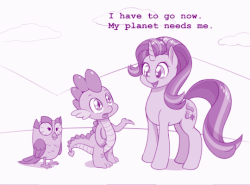 Size: 540x400 | Tagged: safe, artist:dstears, owlowiscious, spike, starlight glimmer, bird, dragon, owl, pony, unicorn, g4, animated, atg 2018, female, good end, i must go, male, mare, monochrome, newbie artist training grounds, poochie, purple, simpsons did it, the simpsons