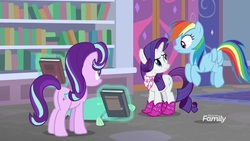 Size: 1920x1080 | Tagged: safe, screencap, rarity, starlight glimmer, pony, g4, the end in friend, book, boots, glitter boots, magic, shoes