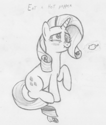Size: 1856x2187 | Tagged: safe, artist:sighoovestrong, rarity, pony, unicorn, g4, :t, blushing, derp, drawing, female, food, frown, hot, hot pepper, levitation, magic, mare, monochrome, nose wrinkle, pepper, raised hoof, scrunchy face, simple background, sitting, solo, spicy, teary eyes, telekinesis, traditional art, wavy mouth, white background